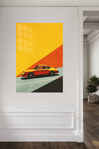 Sunset Classic Sports Coupe metal wall art displayed in a contemporary living space