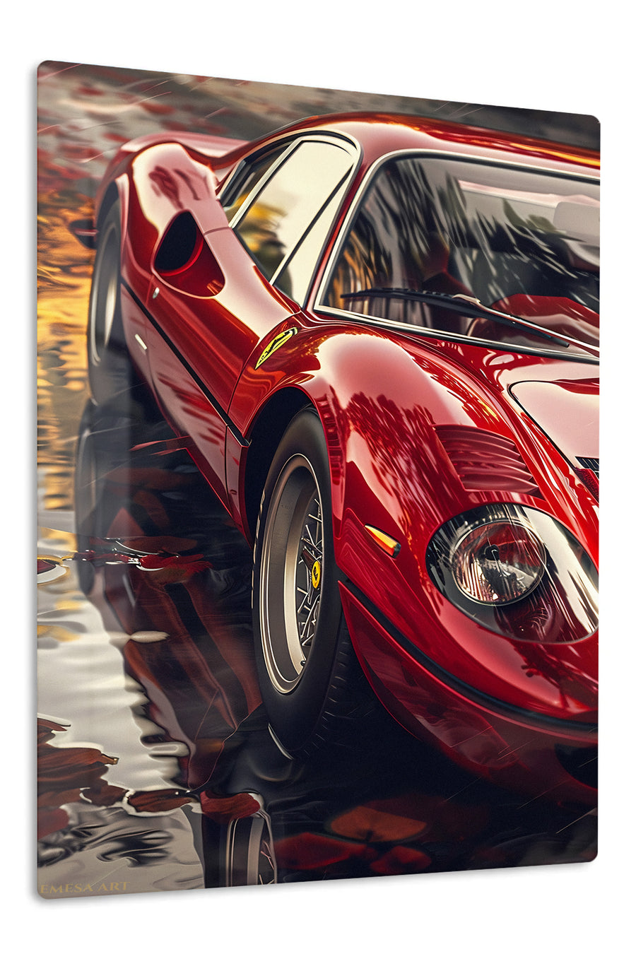 Crimson Sports Car Reflections premium metal wall art Ã¢â‚¬â€œ front view