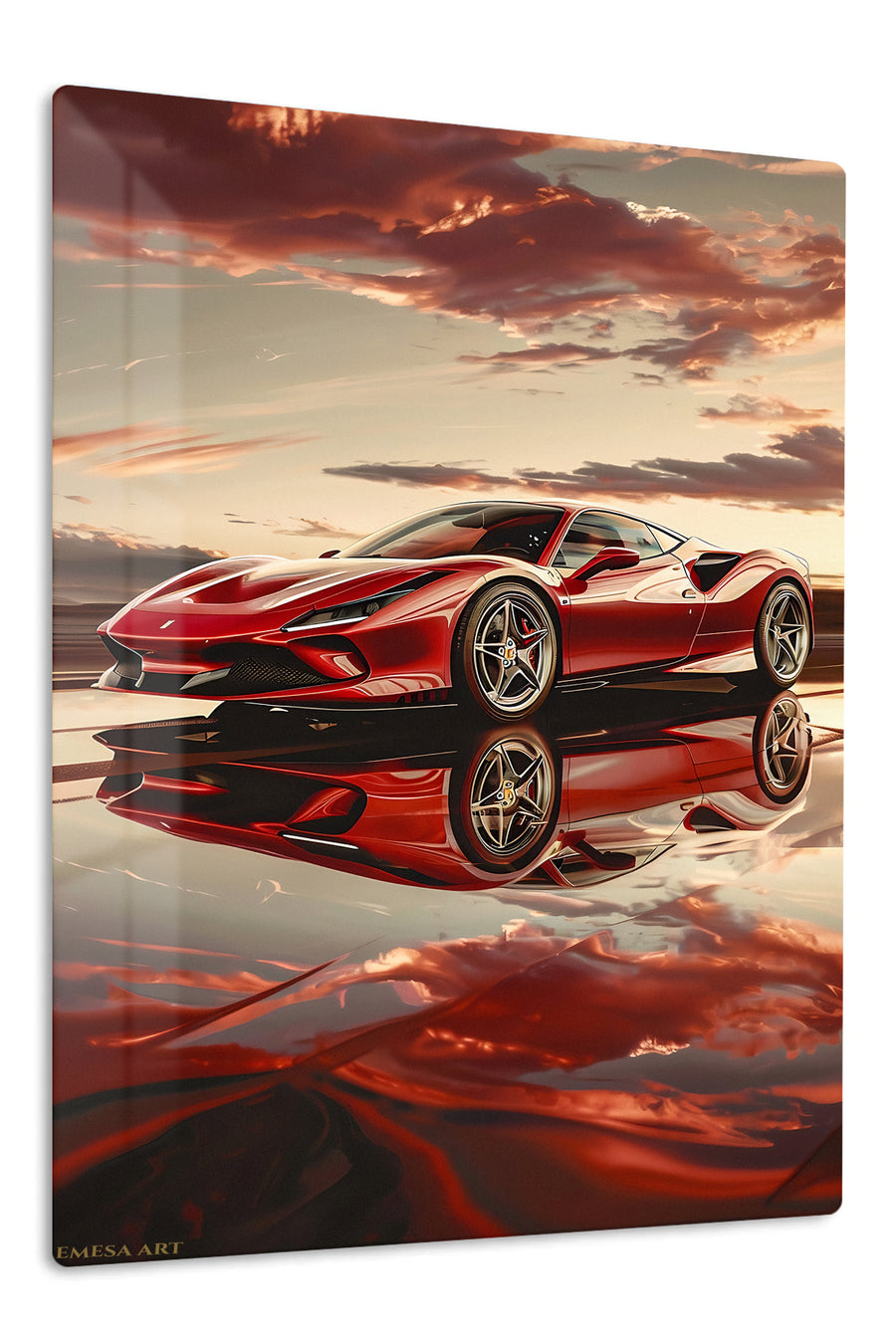 Red Supercar Sunset Reflection premium metal wall art Ã¢â‚¬â€œ front view