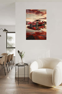 Red Supercar Sunset Reflection metal wall art displayed in a contemporary living space