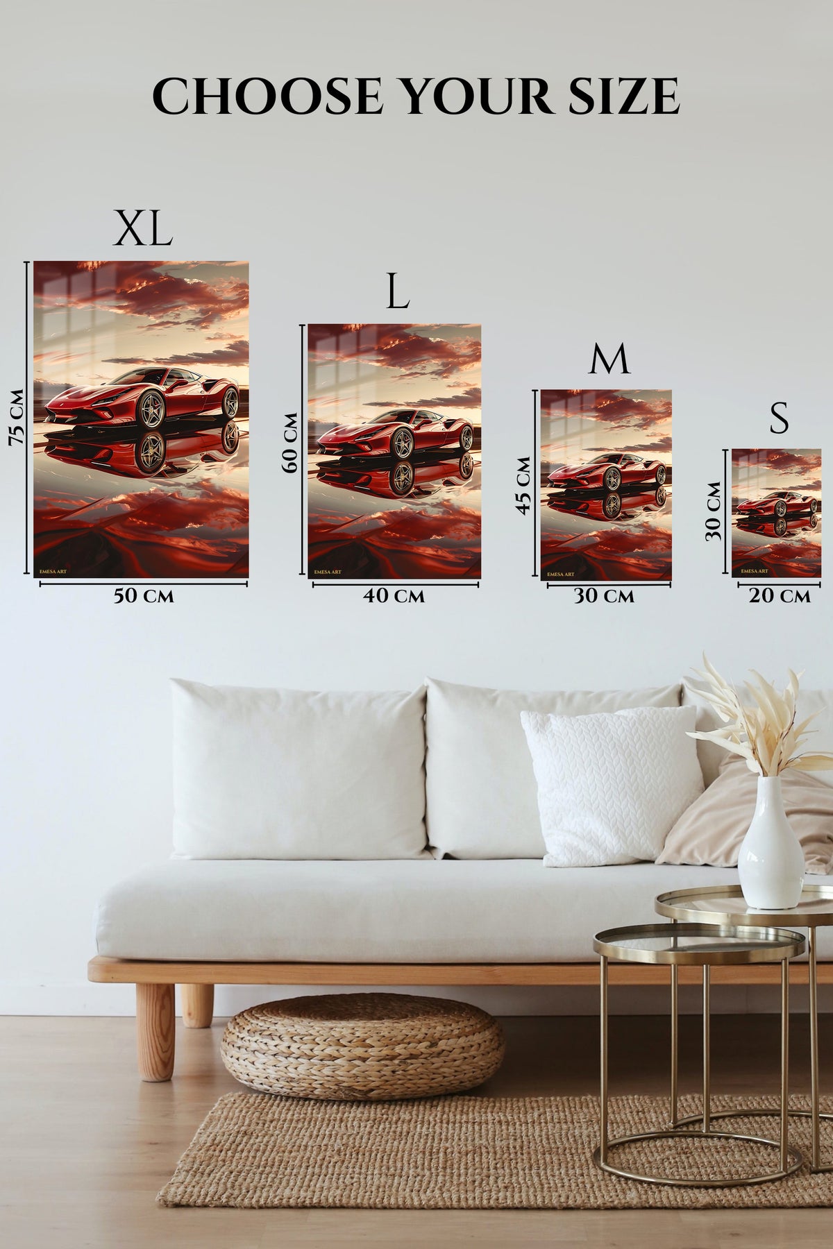 EMESA metal wall art size comparison guide for Red Supercar Sunset Reflection