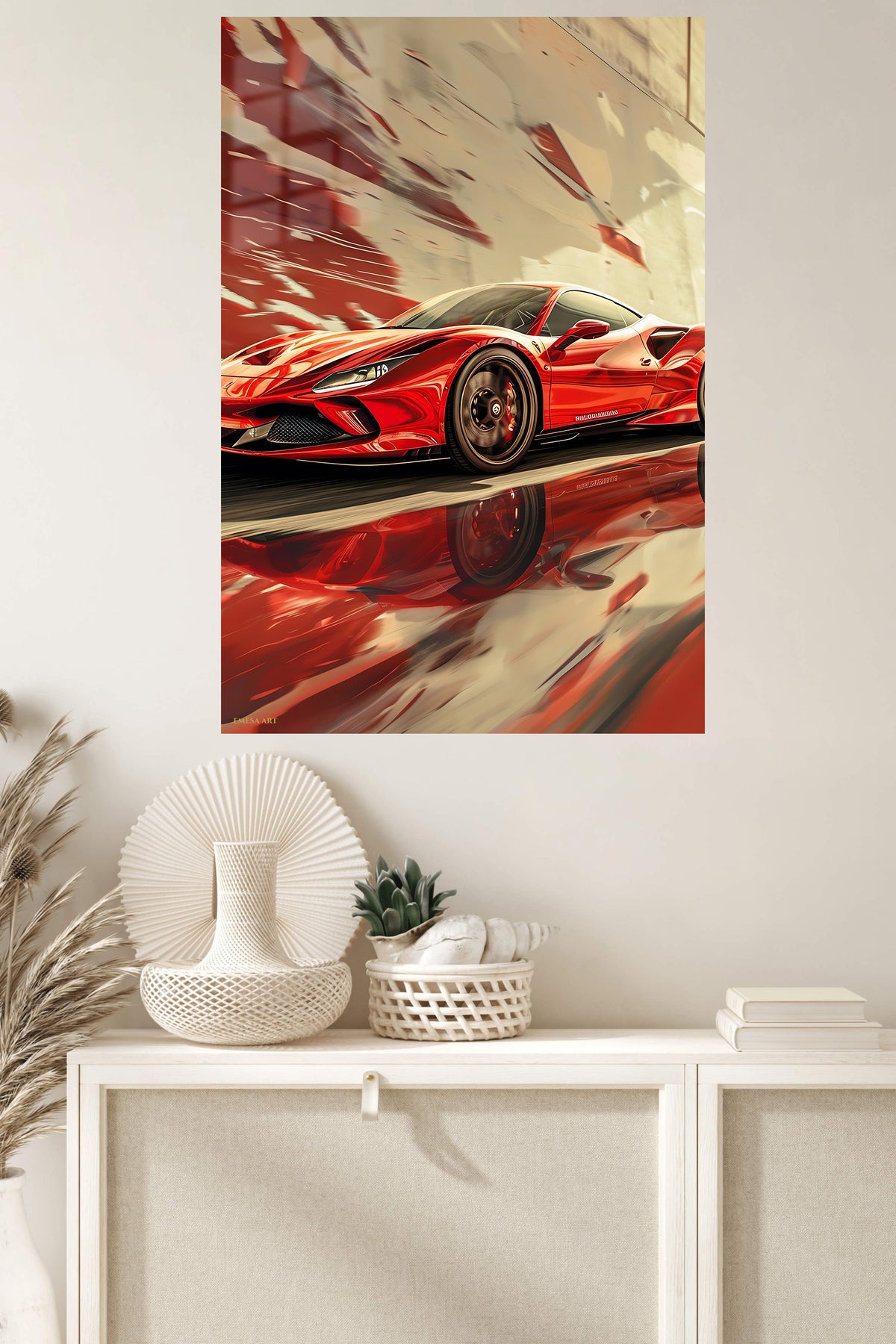 Crimson Velocity Sports Car metal wall art displayed in a modern interior