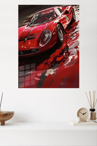 Crimson Vintage Sports Car Reflection metal wall art displayed in a modern interior