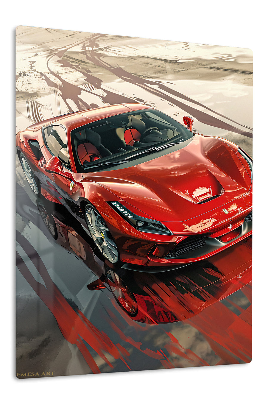 Crimson Supercar Reflections premium metal wall art Ã¢â‚¬â€œ front view
