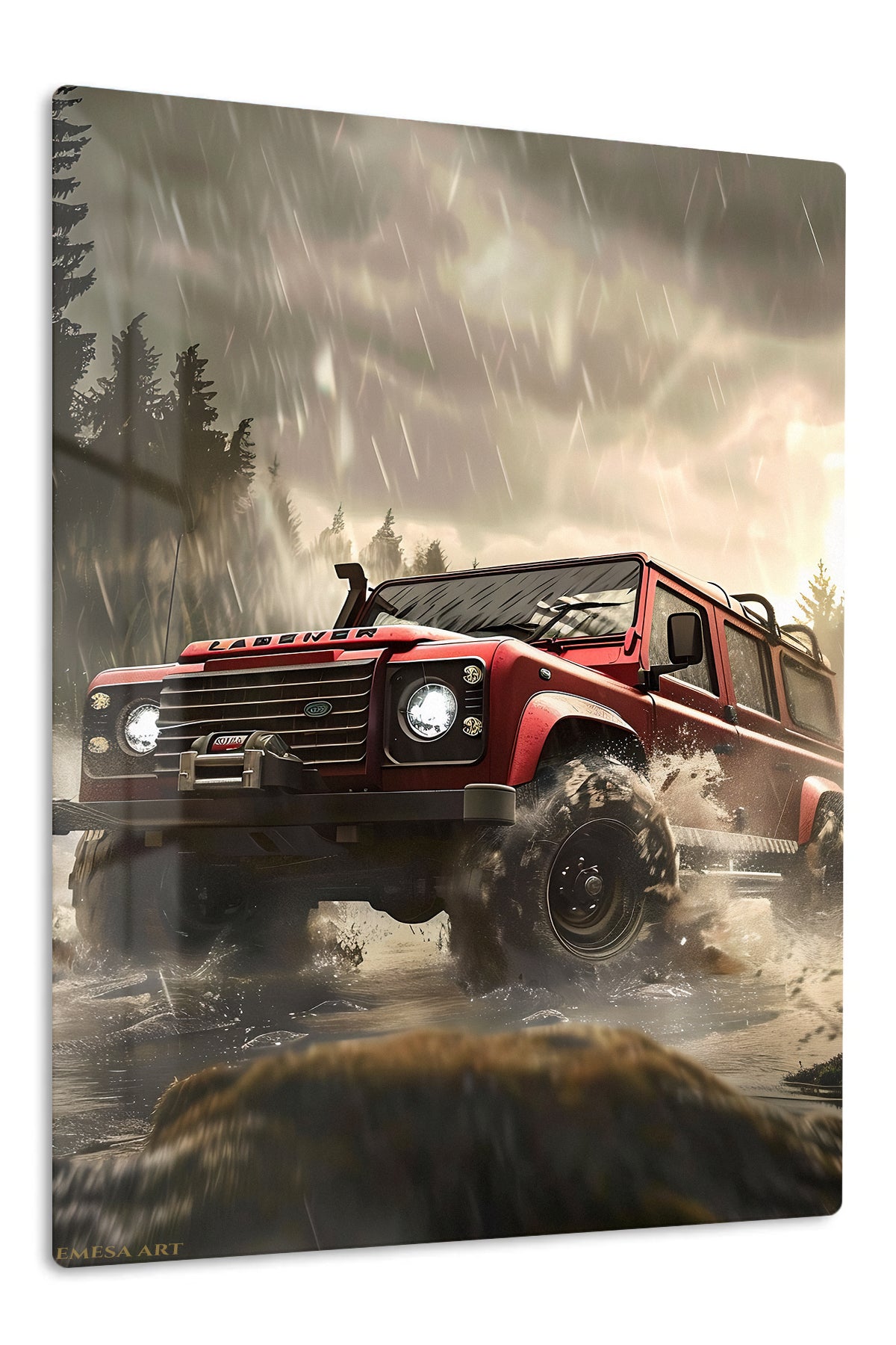 Red Off-Road Truck in Stormy Forest premium metal wall art Ã¢â‚¬â€œ front view