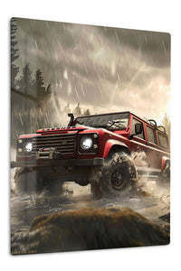 Red Off-Road Truck in Stormy Forest premium metal wall art Ã¢â‚¬â€œ front view