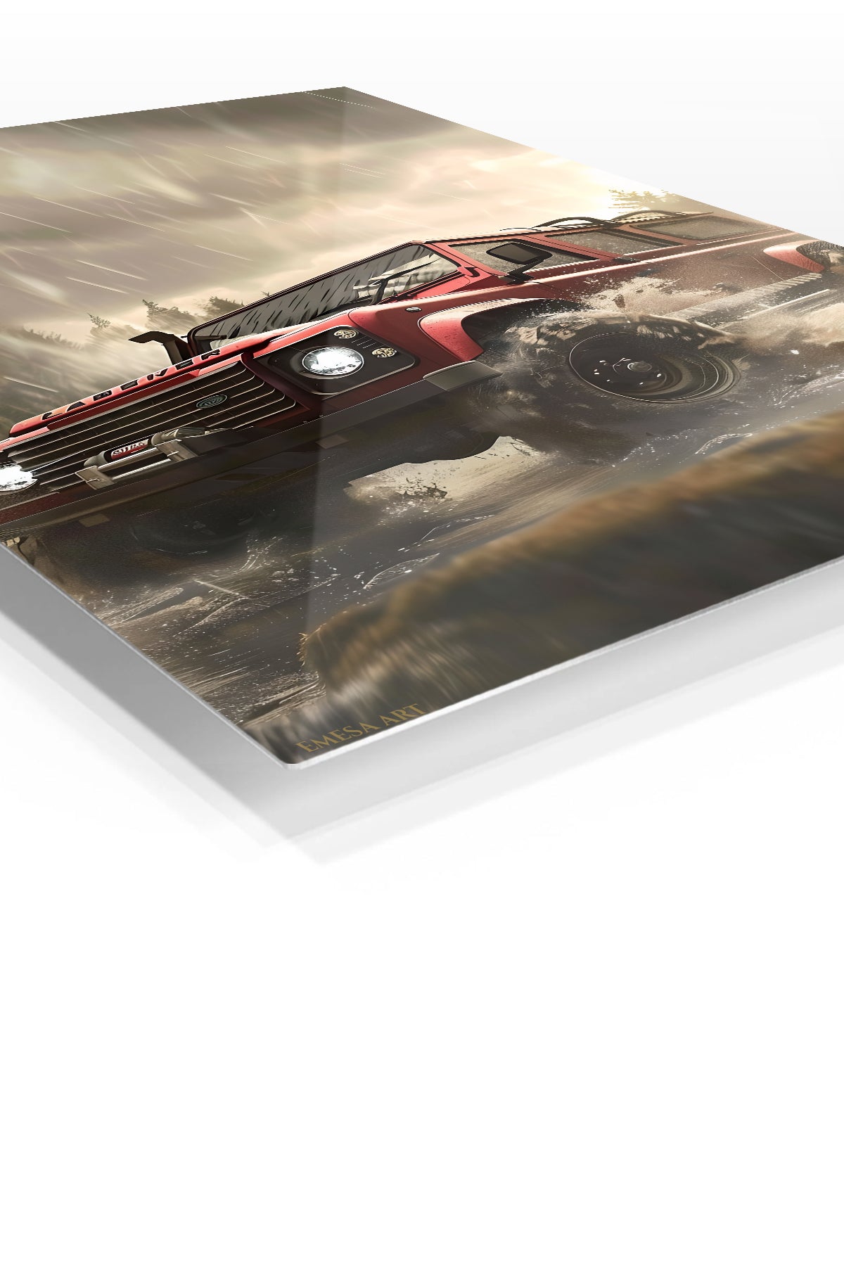 Red Off-Road Truck in Stormy Forest premium metal wall art Ã¢â‚¬â€œ angled view