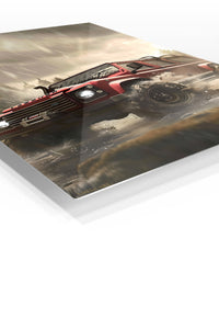 Red Off-Road Truck in Stormy Forest premium metal wall art Ã¢â‚¬â€œ angled view