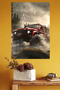 Red Off-Road Truck in Stormy Forest metal wall art displayed in a modern interior
