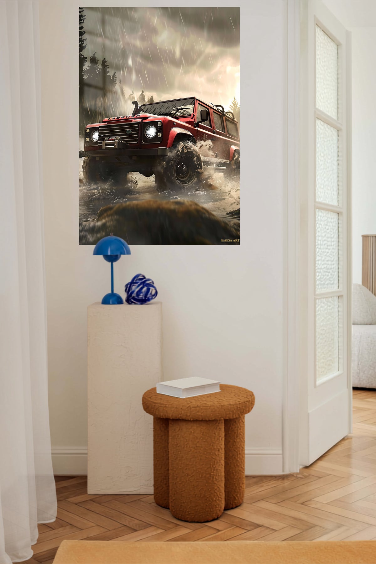 Red Off-Road Truck in Stormy Forest metal wall art displayed in a contemporary living space