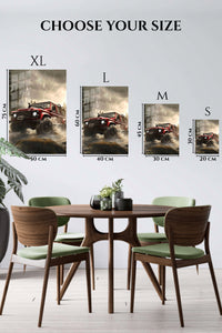 EMESA metal wall art size comparison guide for Red Off-Road Truck in Stormy Forest