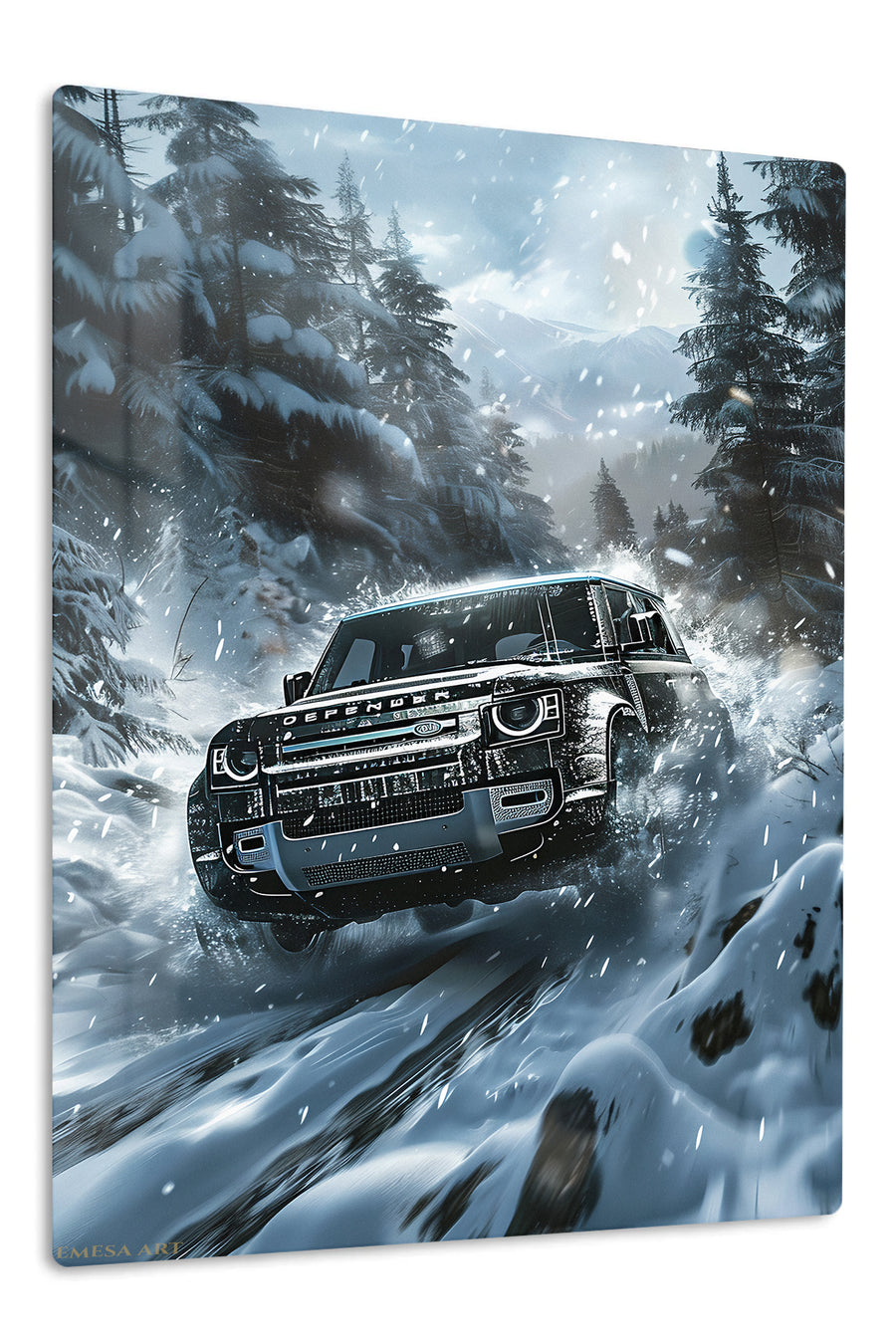 Snowstorm Mountain SUV premium metal wall art Ã¢â‚¬â€œ front view
