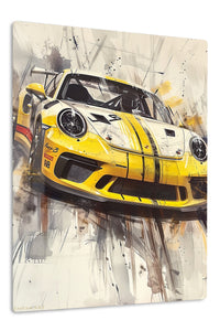 Yellow Racing Machine Sketch premium metal wall art Ã¢â‚¬â€œ front view