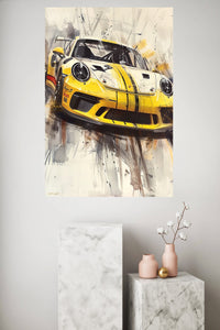 Yellow Racing Machine Sketch metal wall art displayed in a modern interior