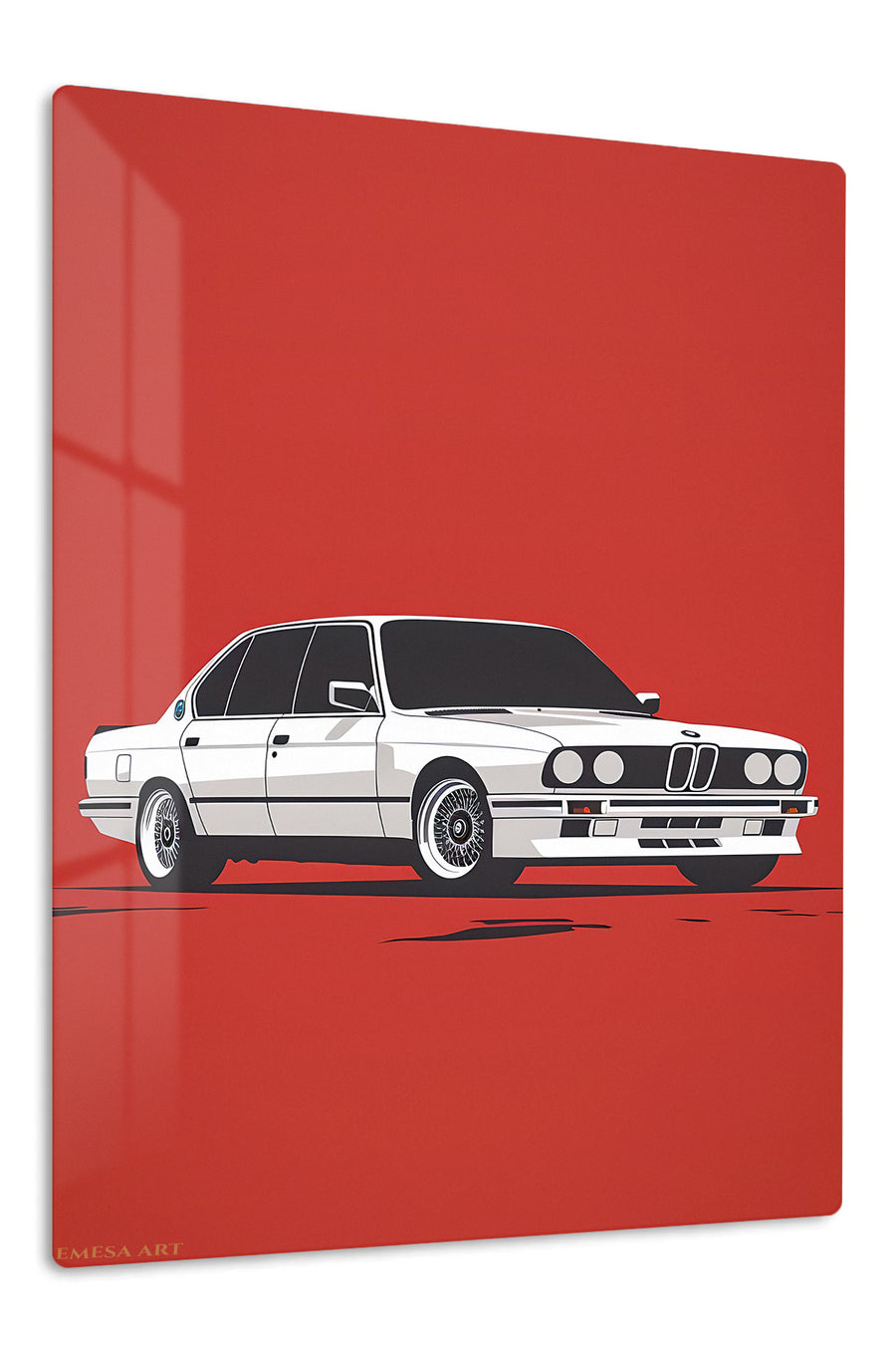 White Classic Sedan on Red premium metal wall art Ã¢â‚¬â€œ front view