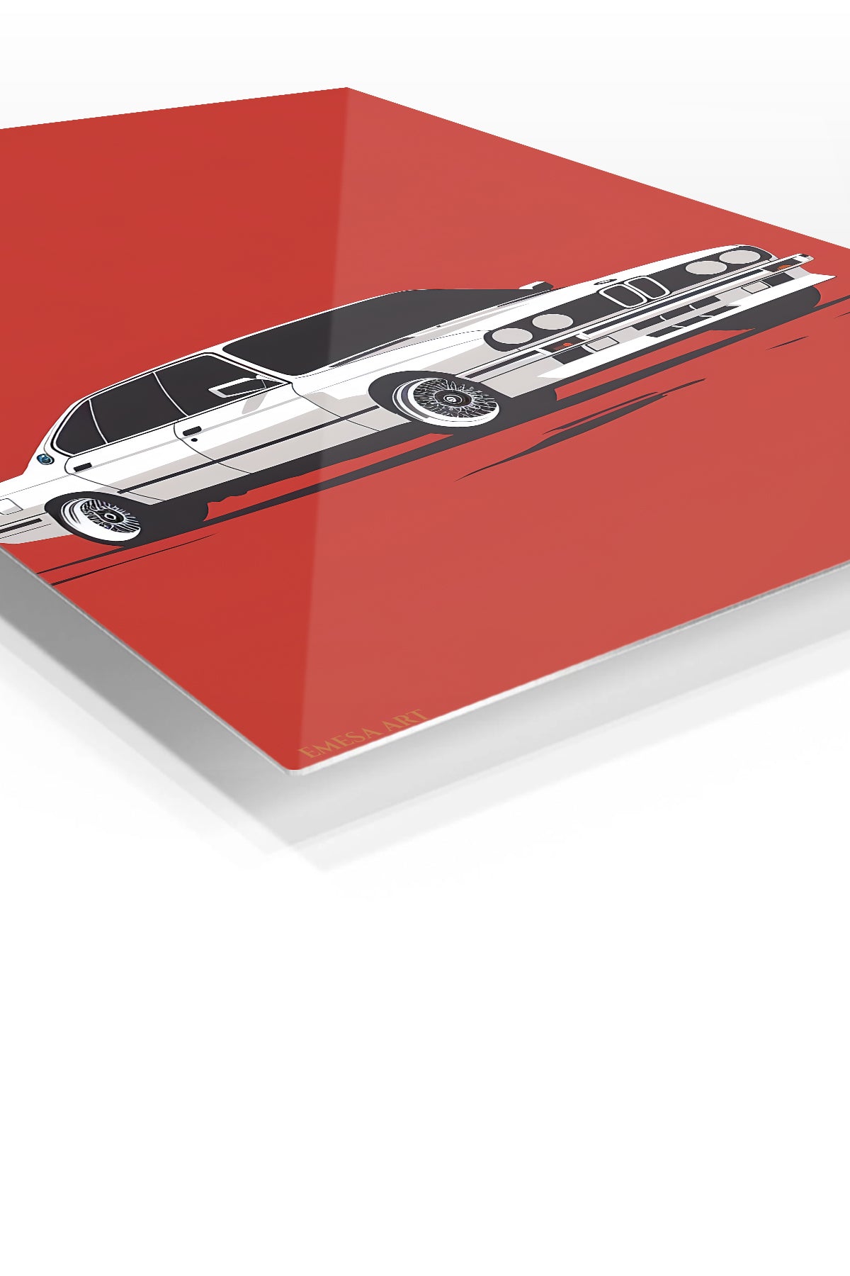 White Classic Sedan on Red premium metal wall art Ã¢â‚¬â€œ angled view