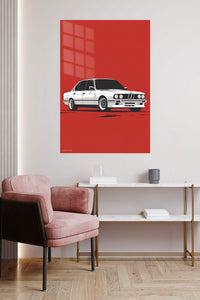White Classic Sedan on Red metal wall art displayed in a contemporary living space