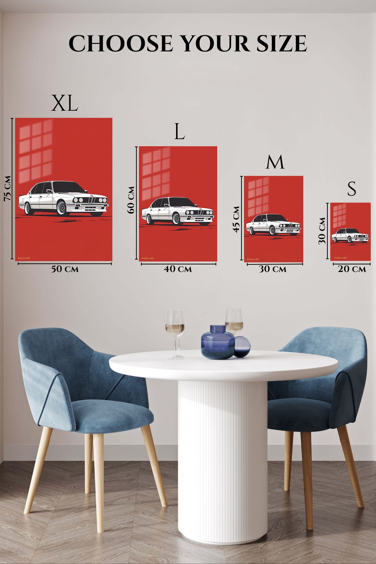 EMESA metal wall art size comparison guide for White Classic Sedan on Red