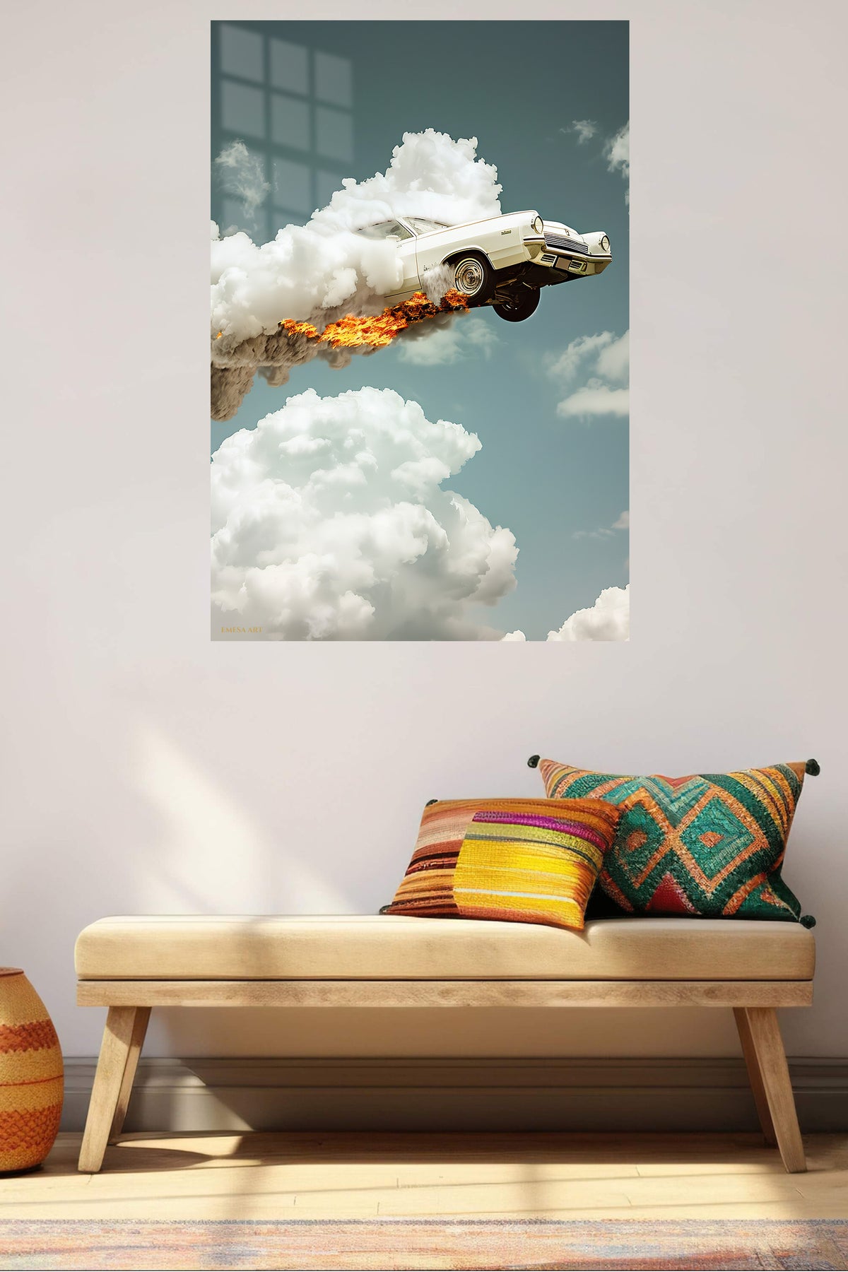 Classic Car Above the Clouds metal wall art displayed in a contemporary living space
