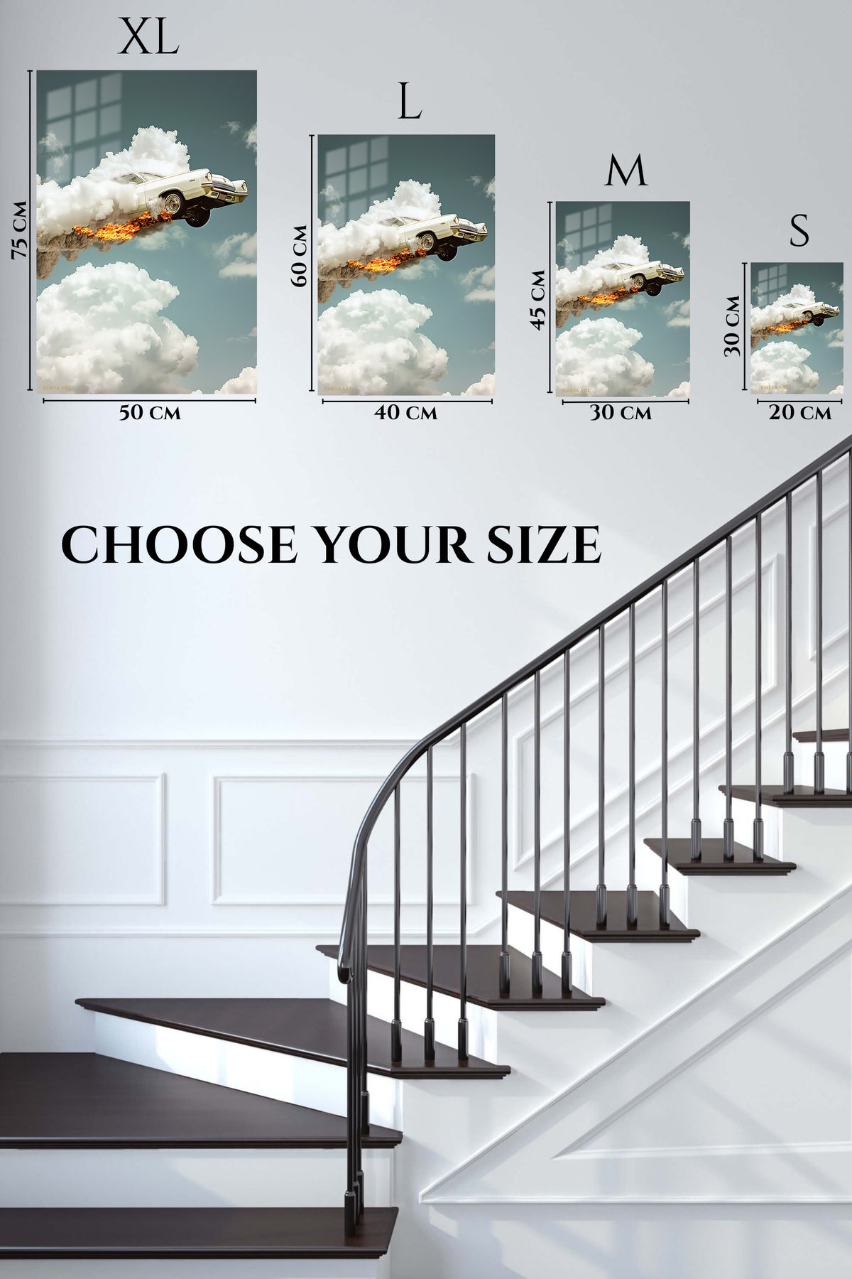 EMESA metal wall art size comparison guide for Classic Car Above the Clouds