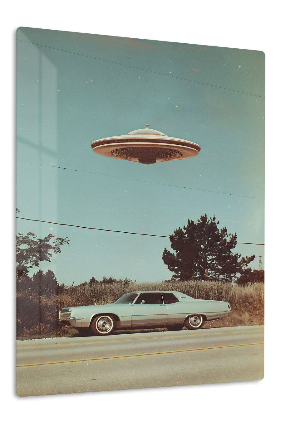 Roadside Flying Saucer premium metal wall art Ã¢â‚¬â€œ front view