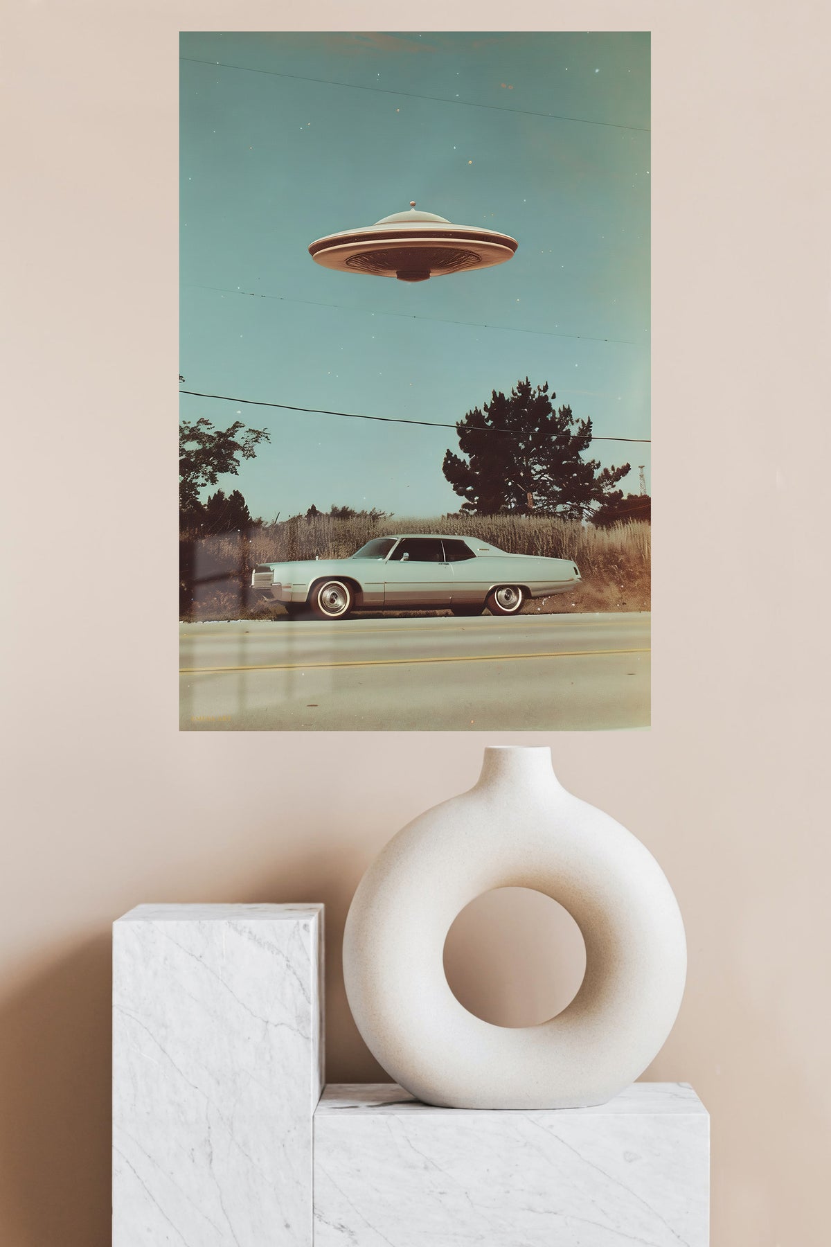 Roadside Flying Saucer metal wall art displayed in a modern interior