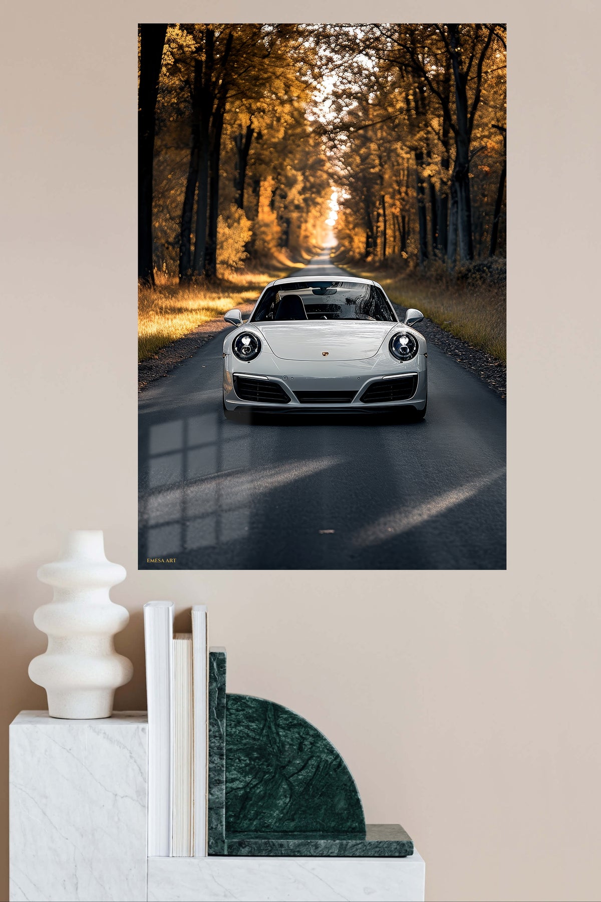White Porsche 911 Forest Road wall art