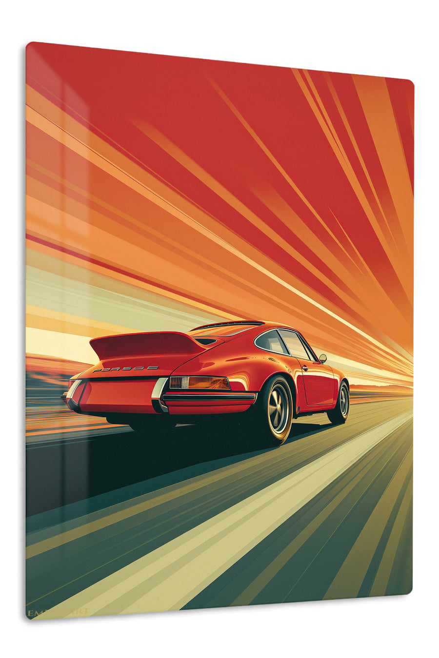Red Sports Coupe Sunset Drive premium metal wall art Ã¢â‚¬â€œ front view