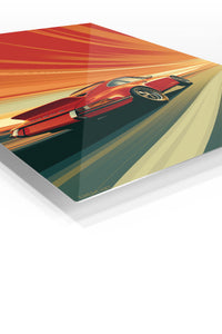 Red Sports Coupe Sunset Drive premium metal wall art Ã¢â‚¬â€œ angled view
