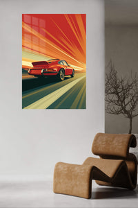 Red Sports Coupe Sunset Drive metal wall art displayed in a contemporary living space