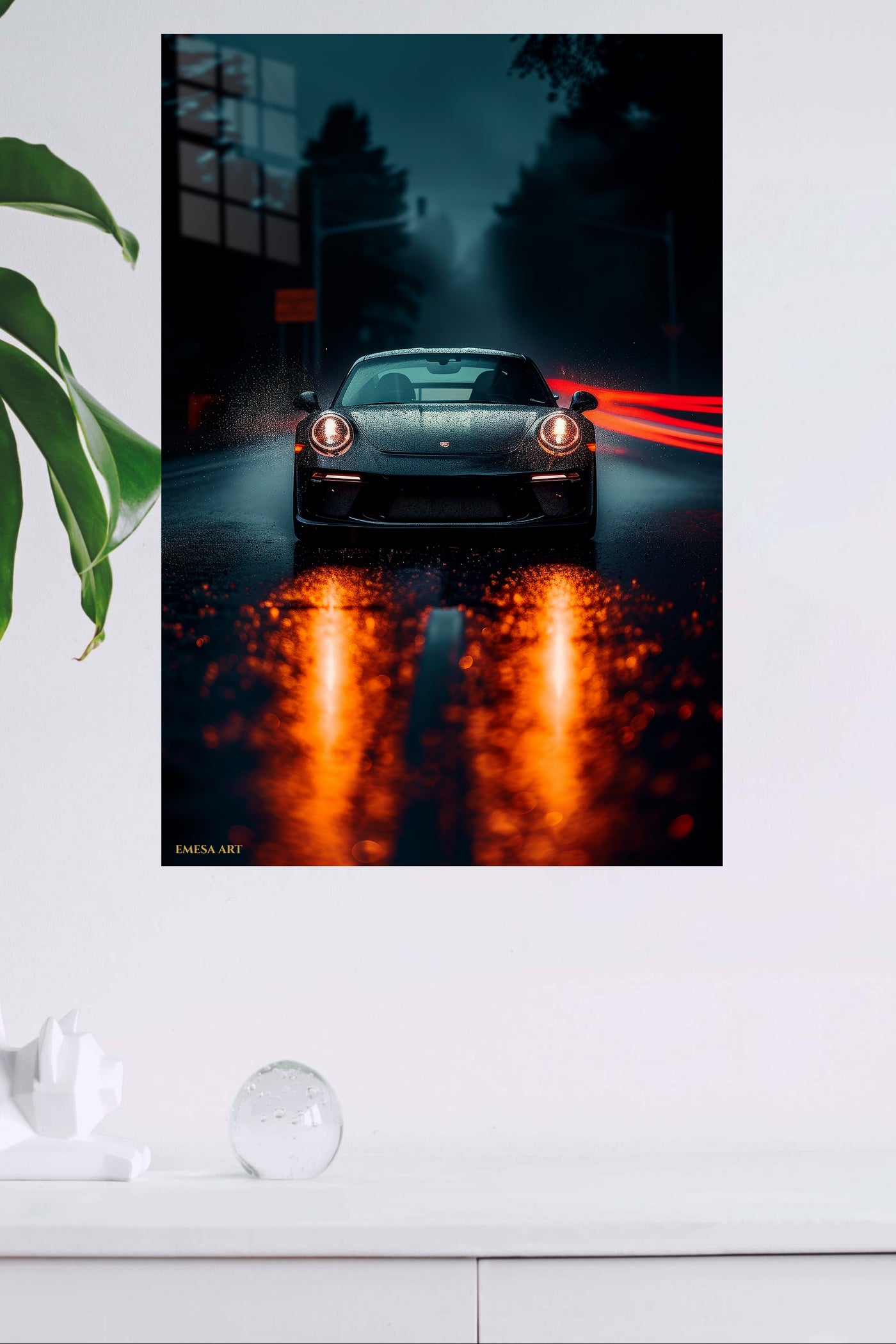 Black Porsche 911 Night Rain wall art