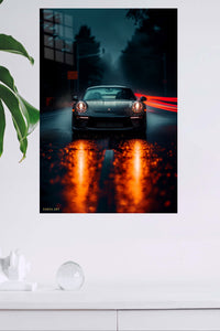Black Porsche 911 Night Rain wall art