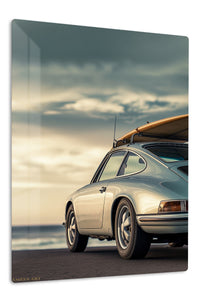 Classic Coupe with Surfboard at Sunset premium metal wall art Ã¢â‚¬â€œ front view