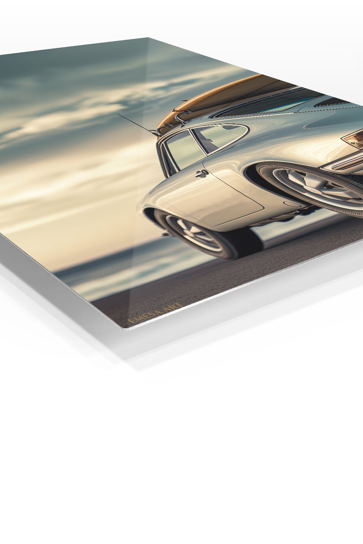 Classic Coupe with Surfboard at Sunset premium metal wall art Ã¢â‚¬â€œ angled view