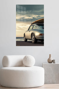 Classic Coupe with Surfboard at Sunset metal wall art displayed in a contemporary living space