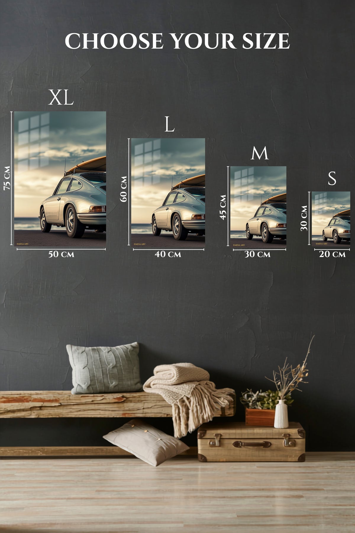 EMESA metal wall art size comparison guide for Classic Coupe with Surfboard at Sunset