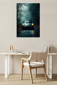Classic Car in Misty Forest metal wall art displayed in a contemporary living space
