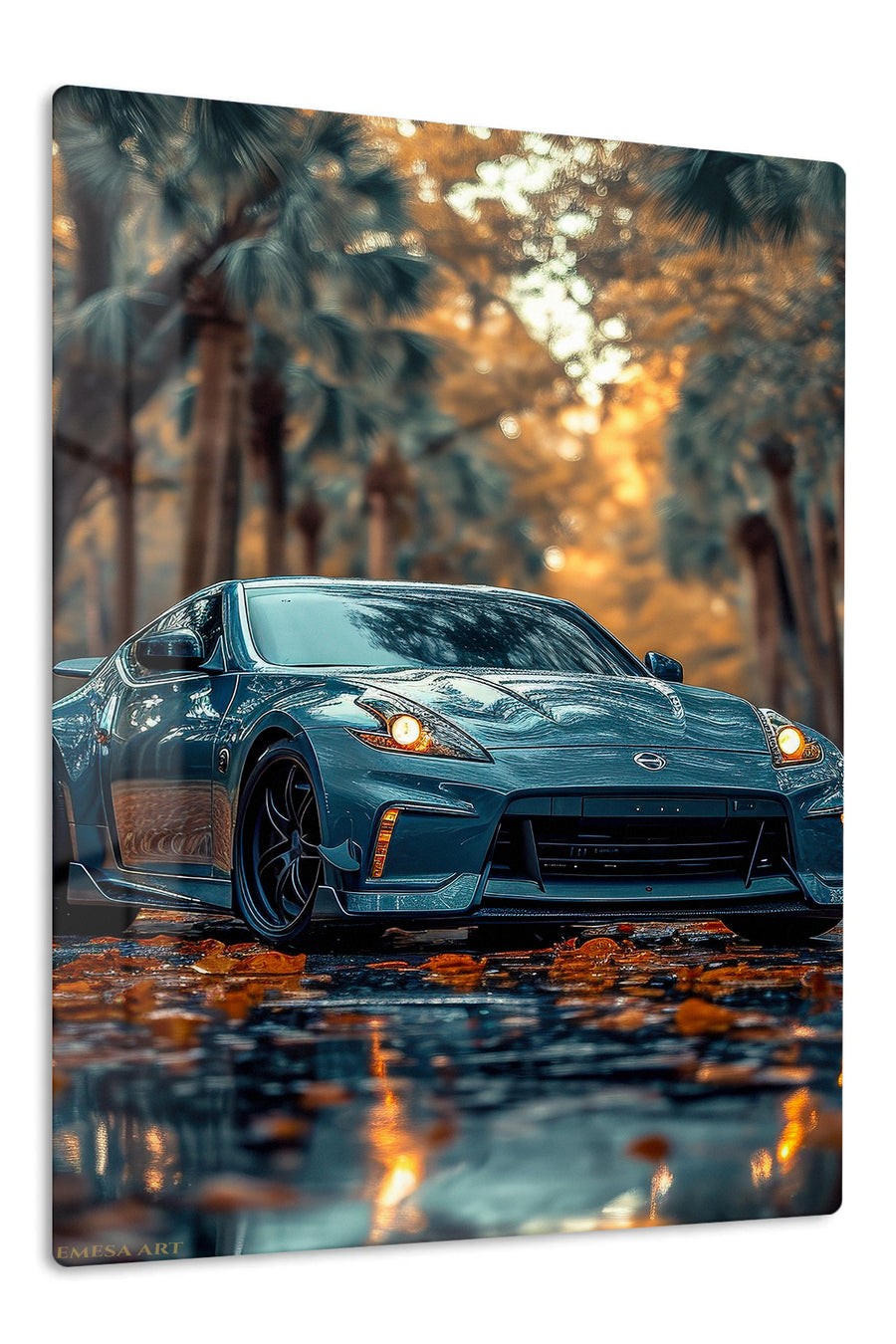 Teal Sports Coupe at Golden Hour premium metal wall art Ã¢â‚¬â€œ front view