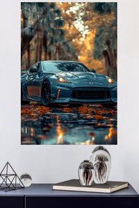 Teal Sports Coupe at Golden Hour metal wall art displayed in a modern interior