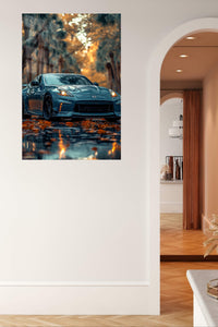 Teal Sports Coupe at Golden Hour metal wall art displayed in a contemporary living space