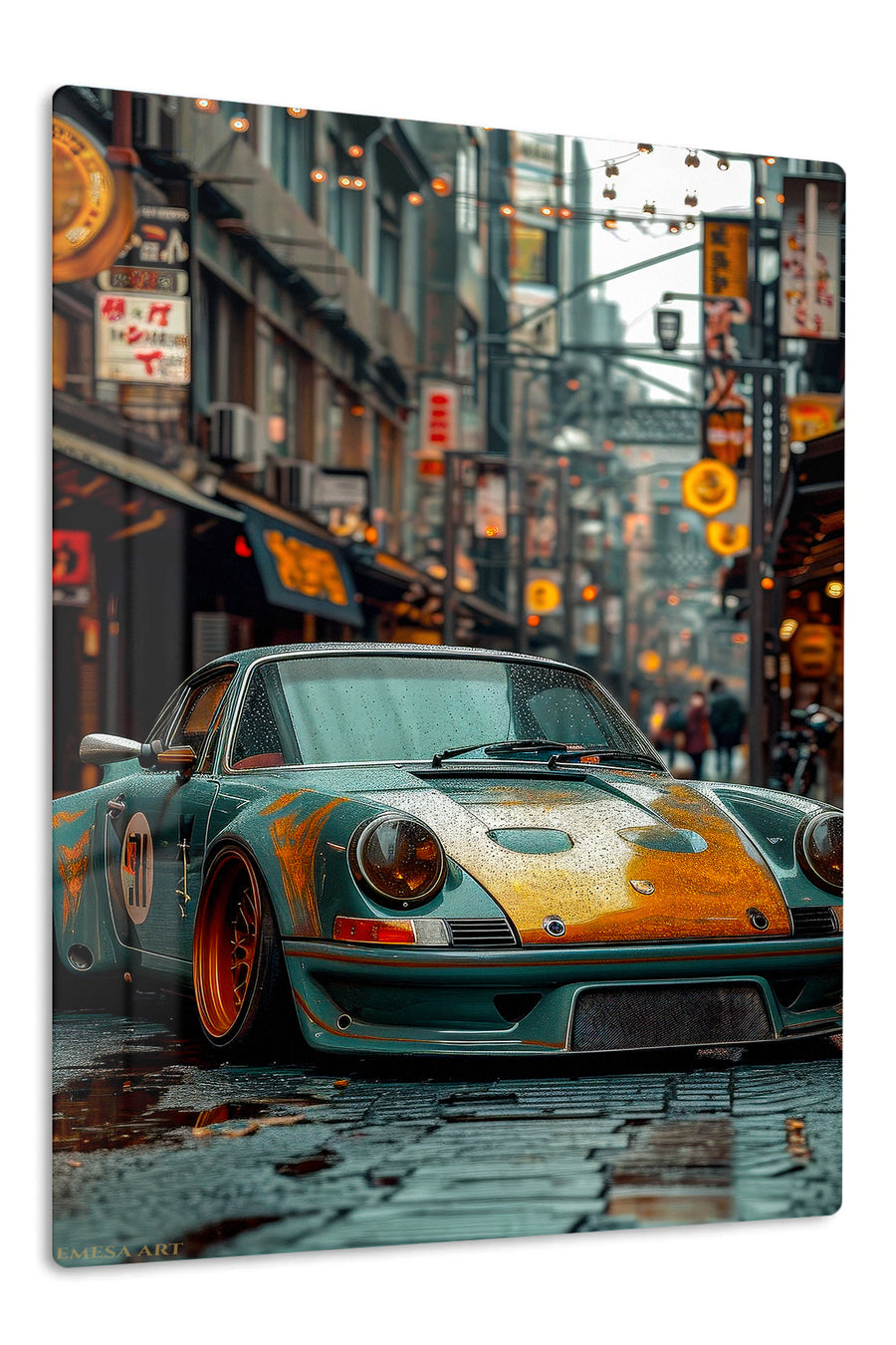 Rainy Street Classic Sports Car premium metal wall art Ã¢â‚¬â€œ front view