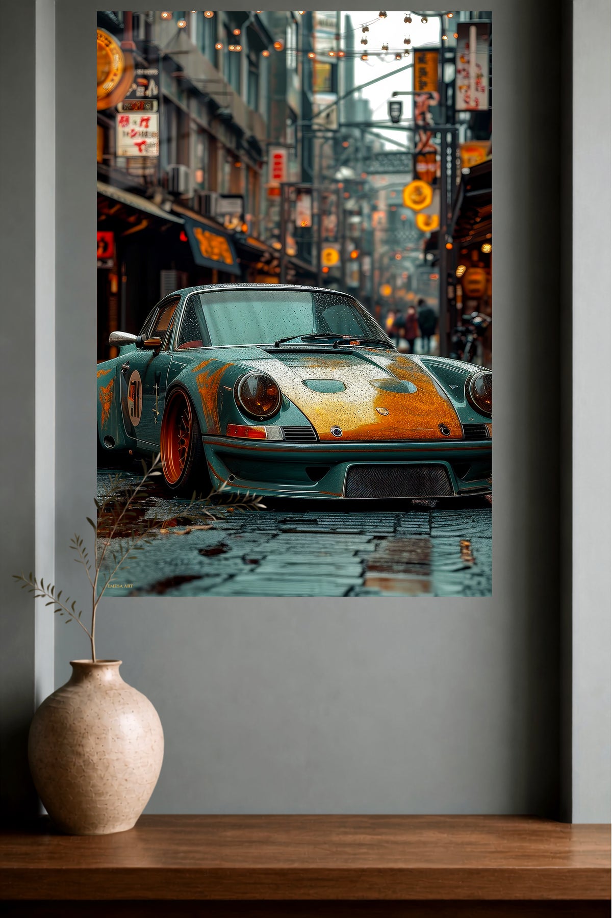 Rainy Street Classic Sports Car metal wall art displayed in a modern interior