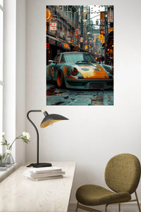 Rainy Street Classic Sports Car metal wall art displayed in a contemporary living space