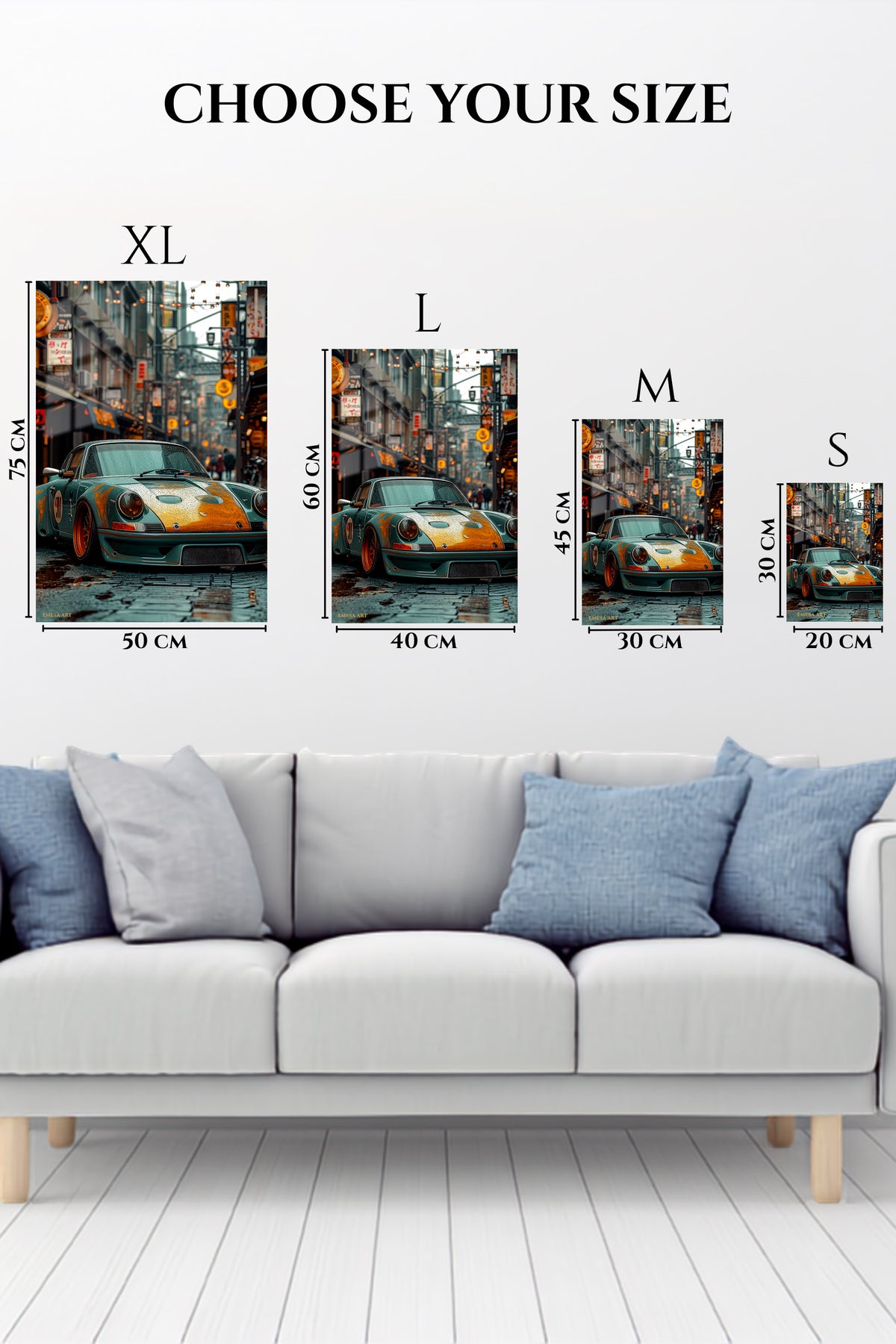 EMESA metal wall art size comparison guide for Rainy Street Classic Sports Car