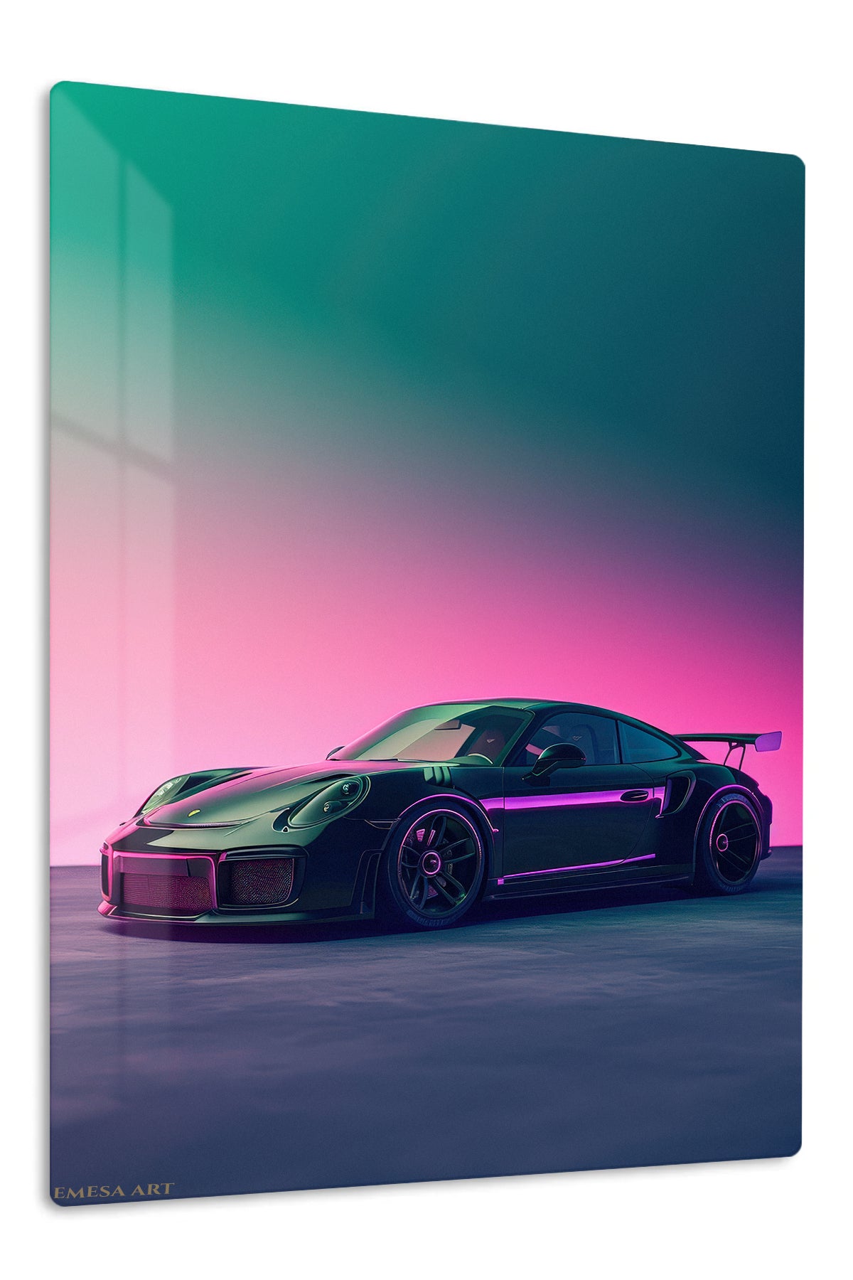 Neon Twilight Sports Car premium metal wall art Ã¢â‚¬â€œ front view
