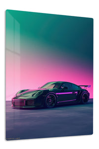 Neon Twilight Sports Car premium metal wall art Ã¢â‚¬â€œ front view