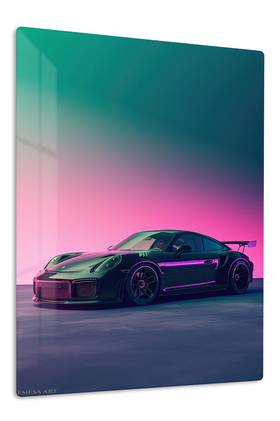 Neon Twilight Sports Car premium metal wall art Ã¢â‚¬â€œ front view