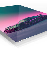 Neon Twilight Sports Car premium metal wall art Ã¢â‚¬â€œ angled view