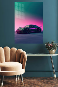 Neon Twilight Sports Car metal wall art displayed in a contemporary living space