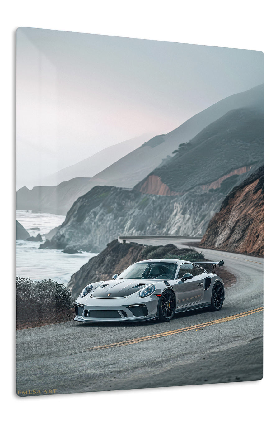 Silver Track Car on Misty Coastal Road premium metal wall art Ã¢â‚¬â€œ front view